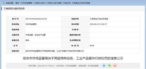 安徽省安慶市市場監管局公示兩起特種設備及工業產品案件行政處罰信息，強化市場安全監管